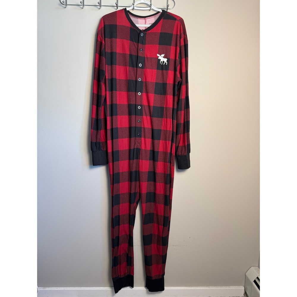 Fammy Jammies Mens Red Buffalo Plaid Union Suit XL Christmas Pajamas Cozy Cabin